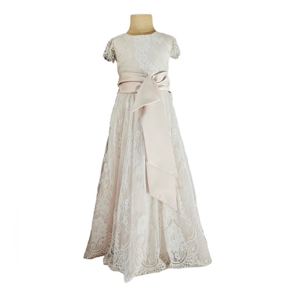 CHANTILLY PLACE GIRLS SIZE 5 FORMAL DRESS CHAMPAGNE & WHITE LACE OVERLAY - Picture 1 of 11